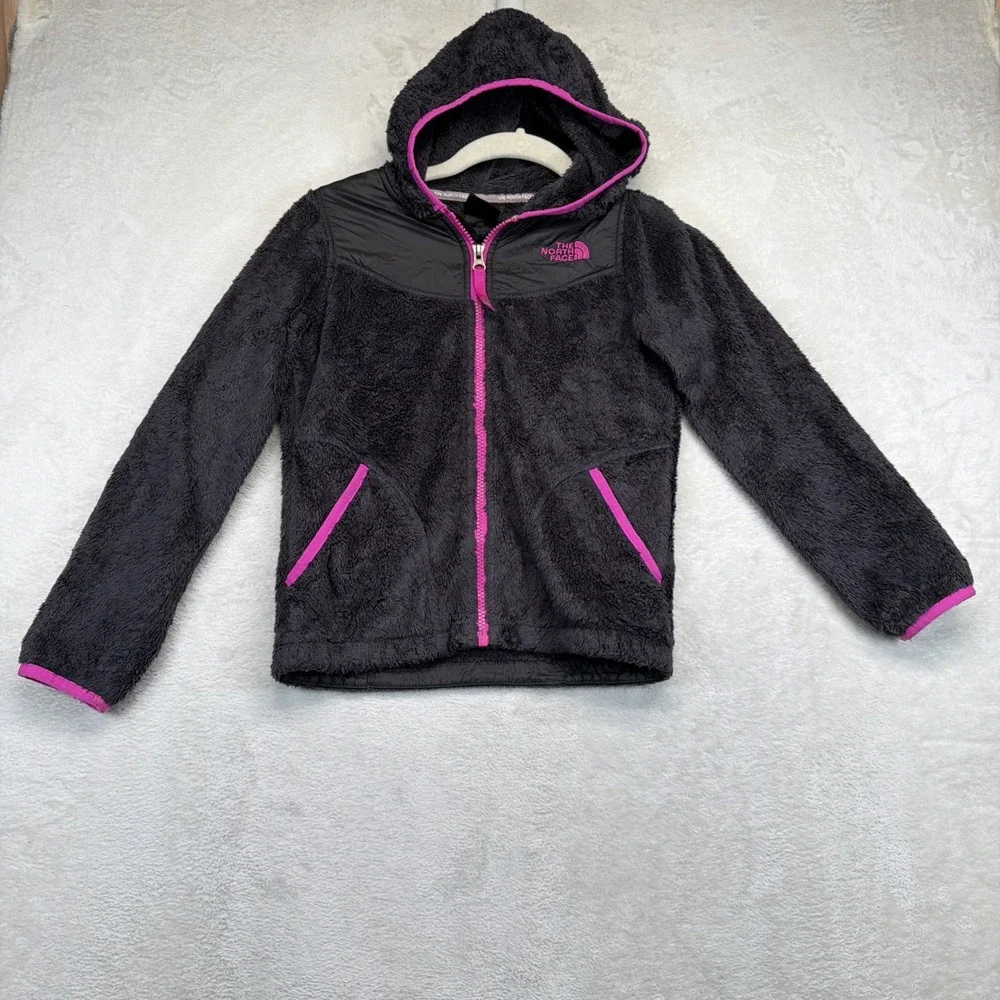 The North Face Girls Fleece Hooded Jacket Size 7/8 Gray Pink Full Zip Osito